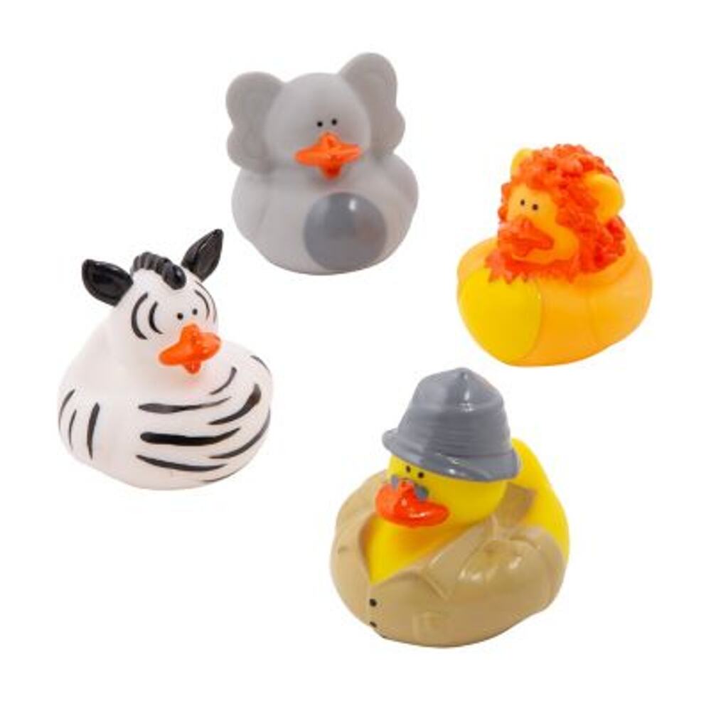 Set of 4 New Safari Rubber Duckies Duck 2” Jeep Elephant Lion Zebra Jungle